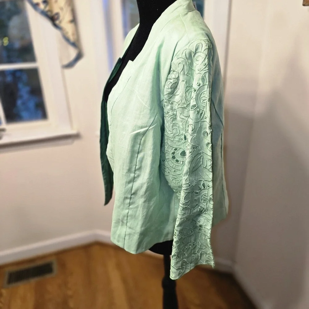 EY Signature Women's 1X Green Lace Sleeve‎ Linen Open Front Jacket